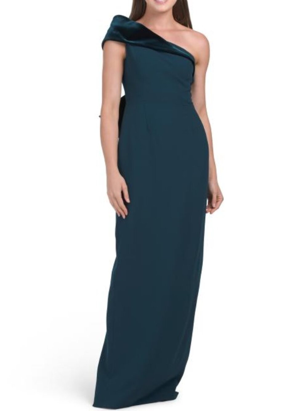 TERI JON Crepe One Shoulder Velvet Bow Gown